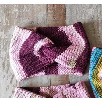 Zimní čelenka Pletená čelenka - vínová a růžová č.1