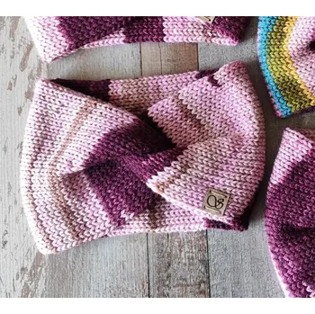 Zimní čelenka Pletená čelenka - vínová a růžová č.2