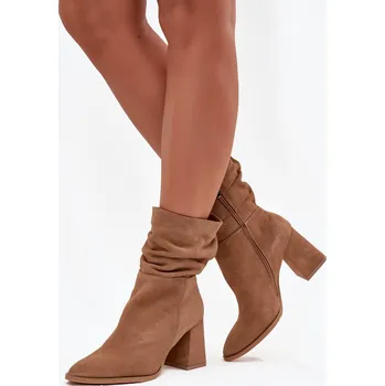 Dámské kozačky Kozačky z přírodního nubuku vyhřívané na podpatku s mačkáním Zazoo 4216 béžové 37