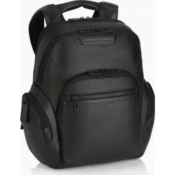 Cestovní taška PORSCHE DESIGN Roadster Leather Backpack S Batoh kožený do města s přihrádkou na notebook 14" s organizérem a kapsami na zip černý (Kompaktní batoh vyrobený z měkké telecí kůže s přihrádkou na 14" notebook, organizérem na pracovní potřeby a s úchytem na)