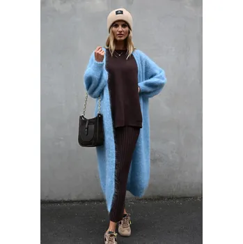 Dámský svetr NEBESKY MODRÝ DLOUHÝ TEPLÝ KARDIGAN Z MOHÉRU PECA del SOL