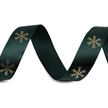 Stuha Vánoční saténová stuha vločky 20 mm, střední, 3 zelená lesní