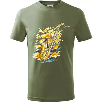 Saxofon malovaný - Tričko dětské bavlněné - 98 cm / 2 roky ( Khaki )