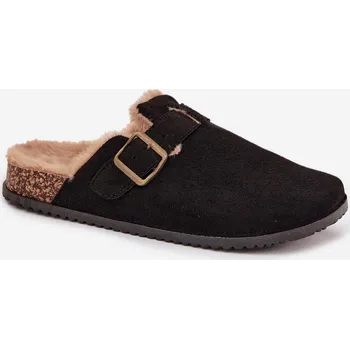 Dámské polobotky Dámské nazouvací pantofle s kožešinou a přezkou Sylisse – černé Velikost: 37