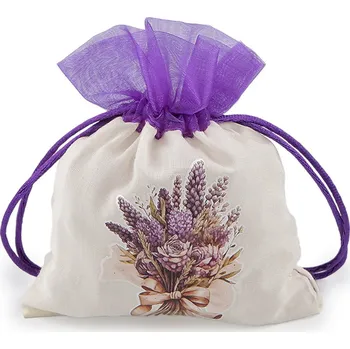 Dárkový pytlík s potiskem levandule 10x13 cm, barva krémová světlá fialová