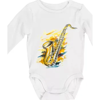 Saxofon malovaný - Body kojenecké s dlouhým rukávem - Dlouhý r. 3-6 měs ( Bílá )