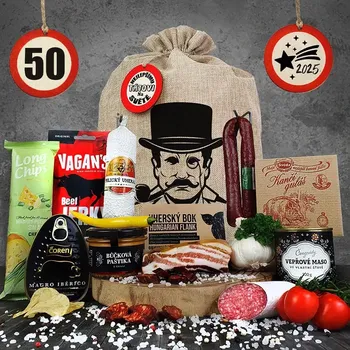 Dárkový potravinový koš Persi - Dárkový koš XL v pytli pro chlapa, muže dospělé k vánocům, narozeninám | Masožravec XL