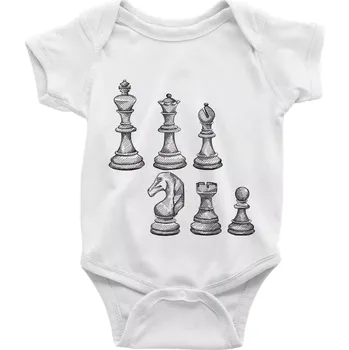 Kojenecký body Šachové figurky kreslené - Body kojenecké s krátkým rukávem - Krátký r. do 3 měs ( Bílá )