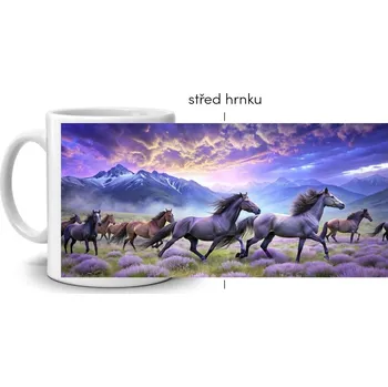 Bílý keramický hrnek 330ml s obrázkem - koně v levandulovém údolí
