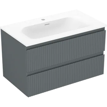 Koupelnový nábytek Mexen Rivel koupelnová skříňka 80 cm s umyvadlem Vela, 2 zásuvky, drážkovaná, grafit mat/bílá mat - Skříňky s umyvadlem