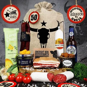 Dárkový potravinový koš Dárkový koš v pytli pro chlapa masožravce | Originální dárek pro chlapa k narozeniná, vánocům anebo ke každé příležitosti