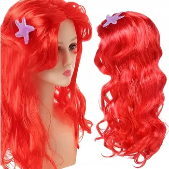 Karnevalová paruka PARUKA ARIEL MALÁ MOŘSKÁ VÍLA DLOUHÉ ČERVENÉ VLASY S HVĚZDIČKOU PRO DĚTI