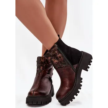 Dámská zimní obuv Kožené zateplené kotníkové boty na platformě a plochém podpatku Maciejka 06140-02 hnědé 41