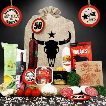 Dárkový potravinový koš Persi - Masožravý dárkový pytel s bůčkem pro chlapa k narozeninám anebo vánocům