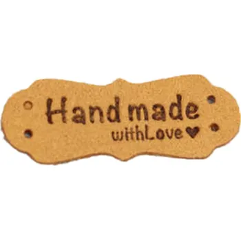 Dárková visačka Pro Háčkování Hand Made koženková cedulka se srdíčkem 15x40 mm hořčicová