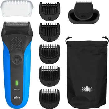 Holicí strojek Pánský Holicí Strojek BRAUN 310BT modrý se zastřihovačem + 5 nástavců + Pouzdro