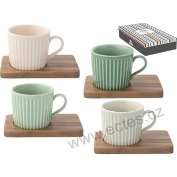 Easy Life TAKE A BREAK DESIGN 7 porcelánové zelené espresso šálky s akáciovými podtácky svislé proužky 110ml 4 ks