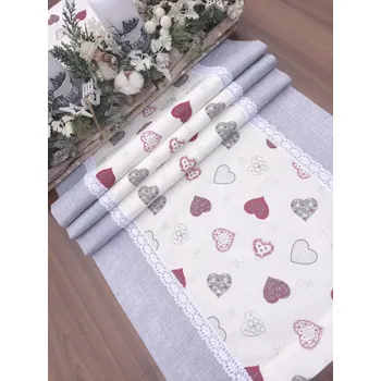 ubrus Běhoun - vánoční ubrus vánoční srdíčka a vločky v kombinaci s šedou | 42 x 140 cm (Rozměr: 42 x 140 cm)