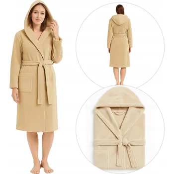 Dámské noční prádlo Dámský župan měkký teplý na zavazování béžový s kapucí *XS