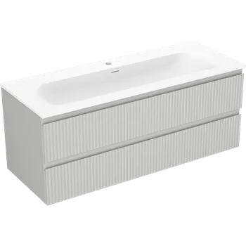 Koupelnový nábytek Mexen Rivel koupelnová skříňka 120 cm s umyvadlem Vela, 2 zásuvky, drážkovaná, šedá matná/bílá matná - Skříňky s umyvadlem