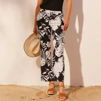 Dámské kalhoty Široké kalhoty s dvoubarevným rostlinným potiskem černá/béžová 38