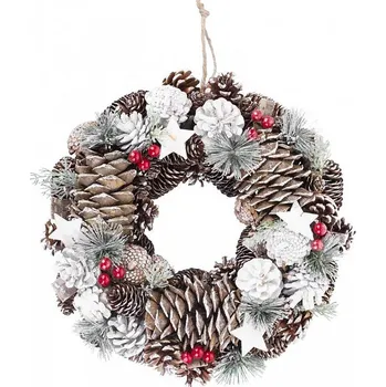 Vánoční dekorace Věnec MagicHome, přírodní vzhled, s bílými šiškami, 37x9x37cm