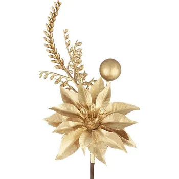 Vánoční dekorace MagicHome Vánoční větvička, s květem vánoční hvězdy, zlatá, 24 cm, 1bal. = 6ks, cena za 1ks