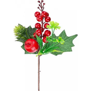 Vánoční dekorace Větvička MagicHome s bobulkami a jablkem, 21cm