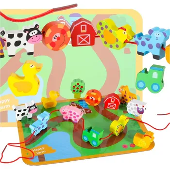 Dřevěná hračka Stavebnice na navlékání, tabule, deska, farma, zvířata