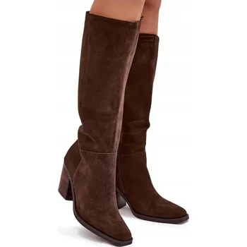 Dámské kozačky Dámské kozačky na sloupkovém podpatku, semišové, nad koleno, na zip, čokoládové, velikost 39