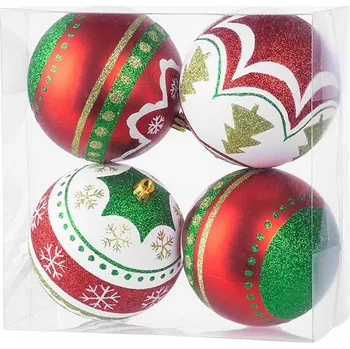 Vánoční ozdoba Baňky MagicHome červeno-zelené s ornamenty, 10cm, 4ks