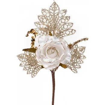 Vánoční dekorace Větvička MagicHome s růží, bílo-zlatá, 26cm