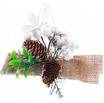 Vánoční dekorace Větvička MagicHome s šiškami a jutovou stuhou, bílá, 15cm, 6ks