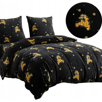 Povlečení Povlečení z fleece fleece XmasCozy 220x200 sametové vánoční černé se zlatými soby