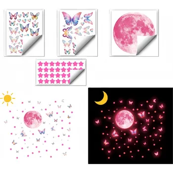 Obraz RŮŽOVÉ SVÍTÍCÍ SAMOLEPKY 76 KS - MĚSÍCE HVĚZDY MOTÝLI DO POKOJE