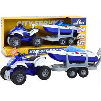 autíčko POLICEJNÍ ČTYŘKOLKA S PŘÍVĚSEM PRO PŘEPRAVU LODÍ A MOTOROVÝ ČLUN