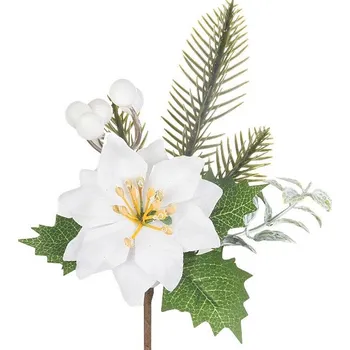 Vánoční dekorace MagicHome Vánoční větvička, s květem vánoční hvězdy, bílá, 24 cm, 1bal. = 6ks, cena za 1ks