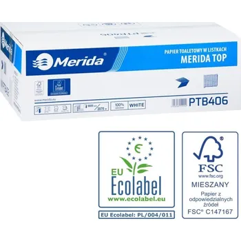 Toaletní papír Merida PTB406 - Toaletní papír skládaný TOP, bílý, dvouvrstvý, 100% celulóza, karton/9000 ks