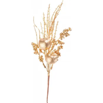 Vánoční dekorace Větvička MagicHome Vánoce, s jablíčky a bobulemi, zlatá, 30 cm