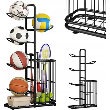 regál STOJAN NA MÍČE ÚLOŽNÝ DRŽÁK ORGANIZÉR REGÁL NA 5 MÍČŮ S KOŠEM