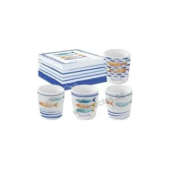 Easy Life BORD DE MER porcelánové espresso kelímky s rybkami a modrými pruhy 120ml 4 ks