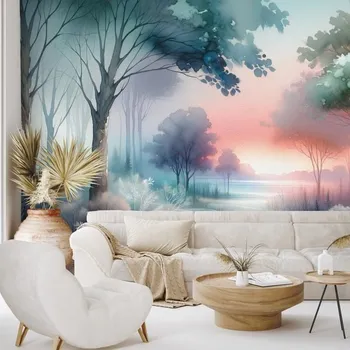 Tapeta Dovido Samolepící tapeta pastelová lesní krajina při západu slunce