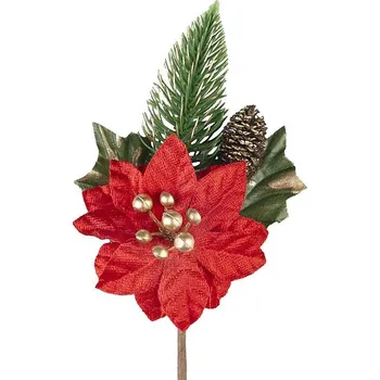 Vánoční dekorace MagicHome Vánoční větvička, s květem vánoční hvězdy, červená, 18 cm