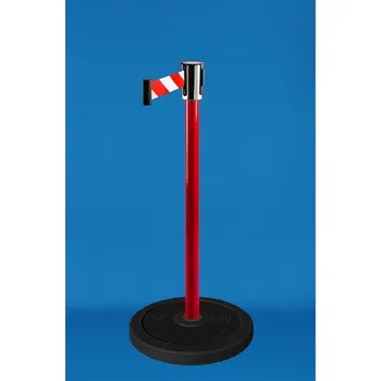 Plotový sloupek Zahrazovací průmyslový sloupek s pásem 2,7m a 4,5 m, červený s gumovou základnou Název: Sloupek červený, hlavice stříbrná, podstava z gumy, páska BČ 2,7m