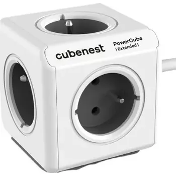 Prodlužovací kabel Cubenest PowerCube Extended – šedý prodlužovák s rozdvojkou 1,5 m (Cubenest PowerCube Extended Grey – designový prodlužovák s rozdvojkou, pěti zásuvkami a 1,5m kabelem)
