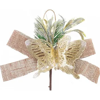 Vánoční dekorace Větvička MagicHome s motýlem a stuhou, zlatá, 18cm