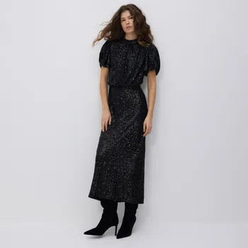 Dámské šaty Reserved - Flitrové šaty s nadýchanými rukávy - černý - 146HI-99X - 146HI-99X-S