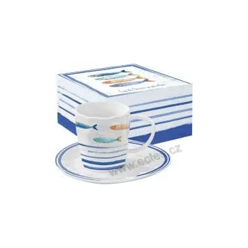 Easy Life BORD DE MER porcelánový šálek a podšálek rybičky a modré pruhy 250ml