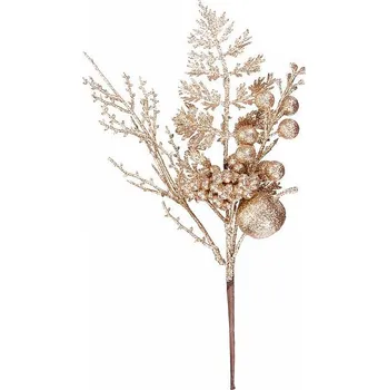 Vánoční dekorace Větvička MagicHome s jablíčkem a bobulkami, zlatá, 28cm