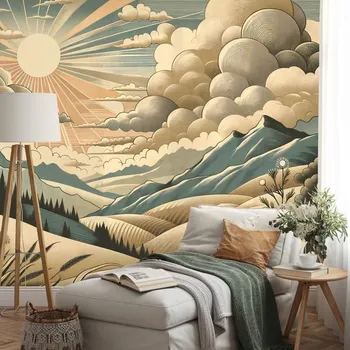 Tapeta Dovido Tapeta retro krajina s horami a sluncem